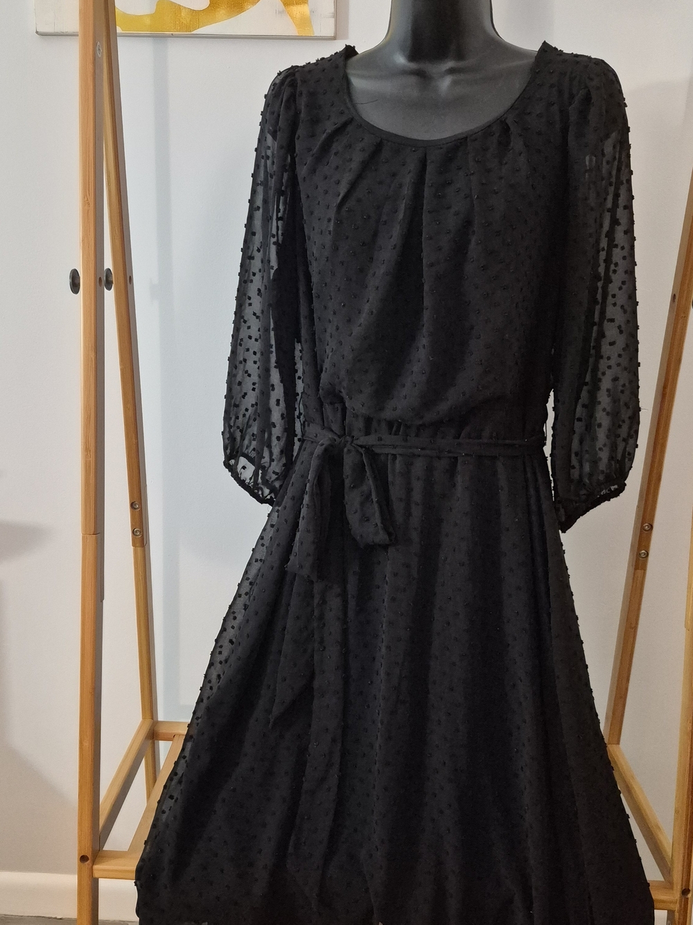 NY Collection Black Swiss Dot Tie-Waist Long Sleeve Dress